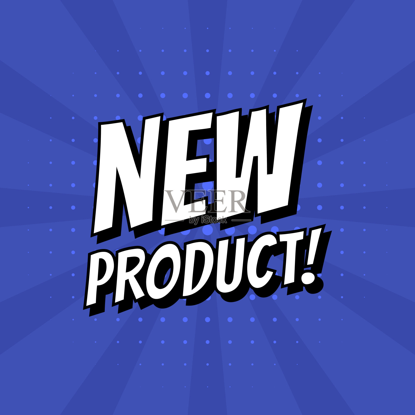 新产品贴纸、标签。矢量漫画泡泡图标孤立在蓝色背景上。设计元素图片