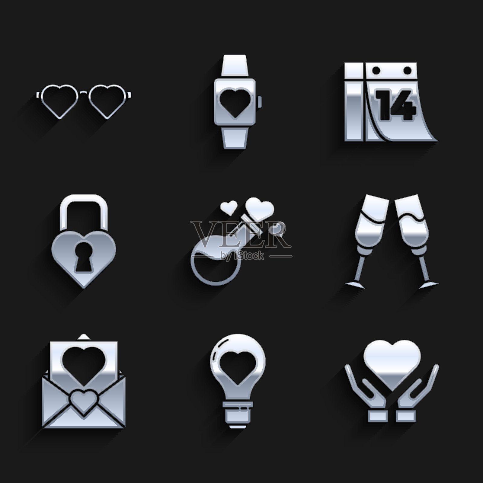 Set Bottle with love potion, Heart shape in a light bulb, hand, Glass of champagne, Envelope Valentine Heart, Castle the, Calendar February 14 and shaped glasses icon。向量图标素材