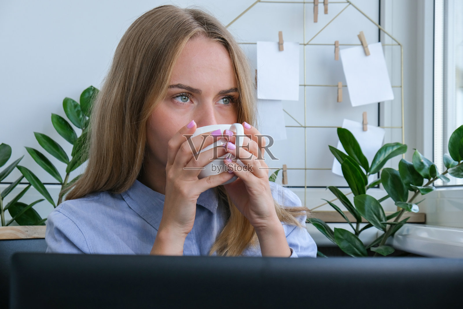 年轻女子在家喝咖啡，在电脑前工作，计算每月开销，做家庭预算。一位正在用笔记本电脑工作的商业女性。在线辅导会议。网络教育学生照片摄影图片