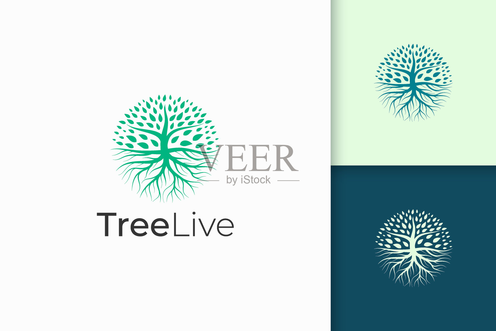 圆树象征与根在绿色的颜色和现代的形状插画图片素材