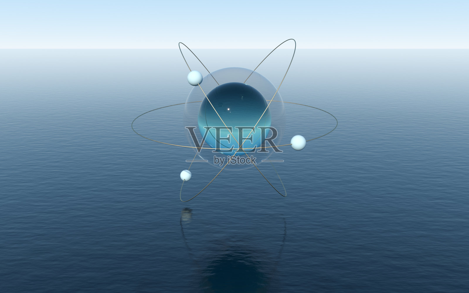 平静的海洋上的分子球，奇妙的场景，3d渲染。照片摄影图片