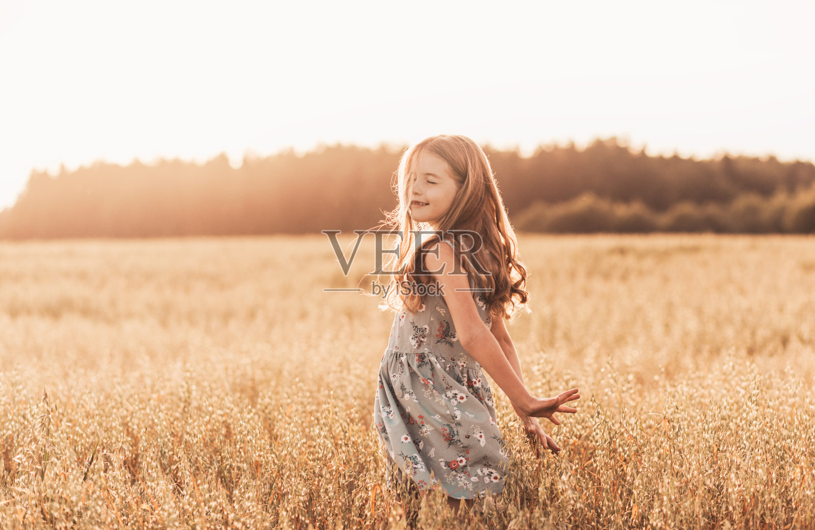 一个快乐的小女孩在一个阳光灿烂的夏天跑过一片麦田。夏季。暑假。快乐的童年。积极的情绪和能量照片摄影图片