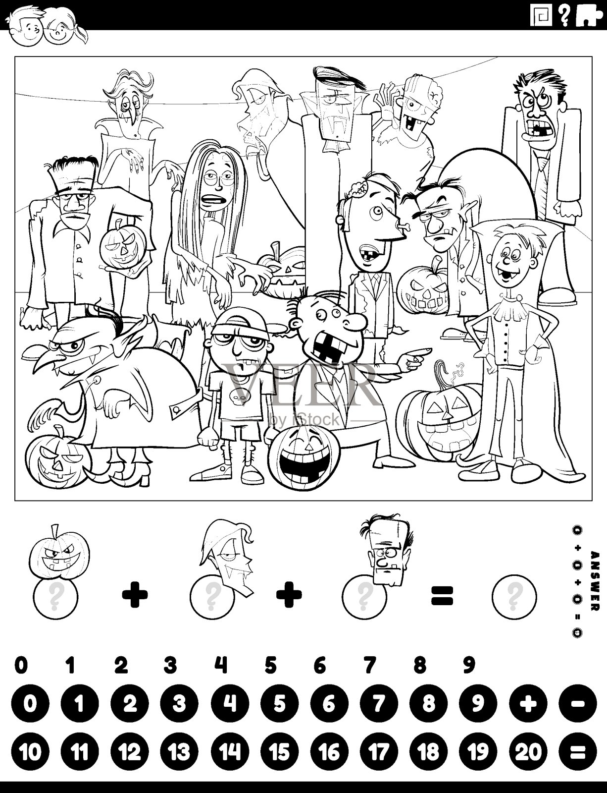 数和添加游戏与万圣节人物彩色书页插画图片素材