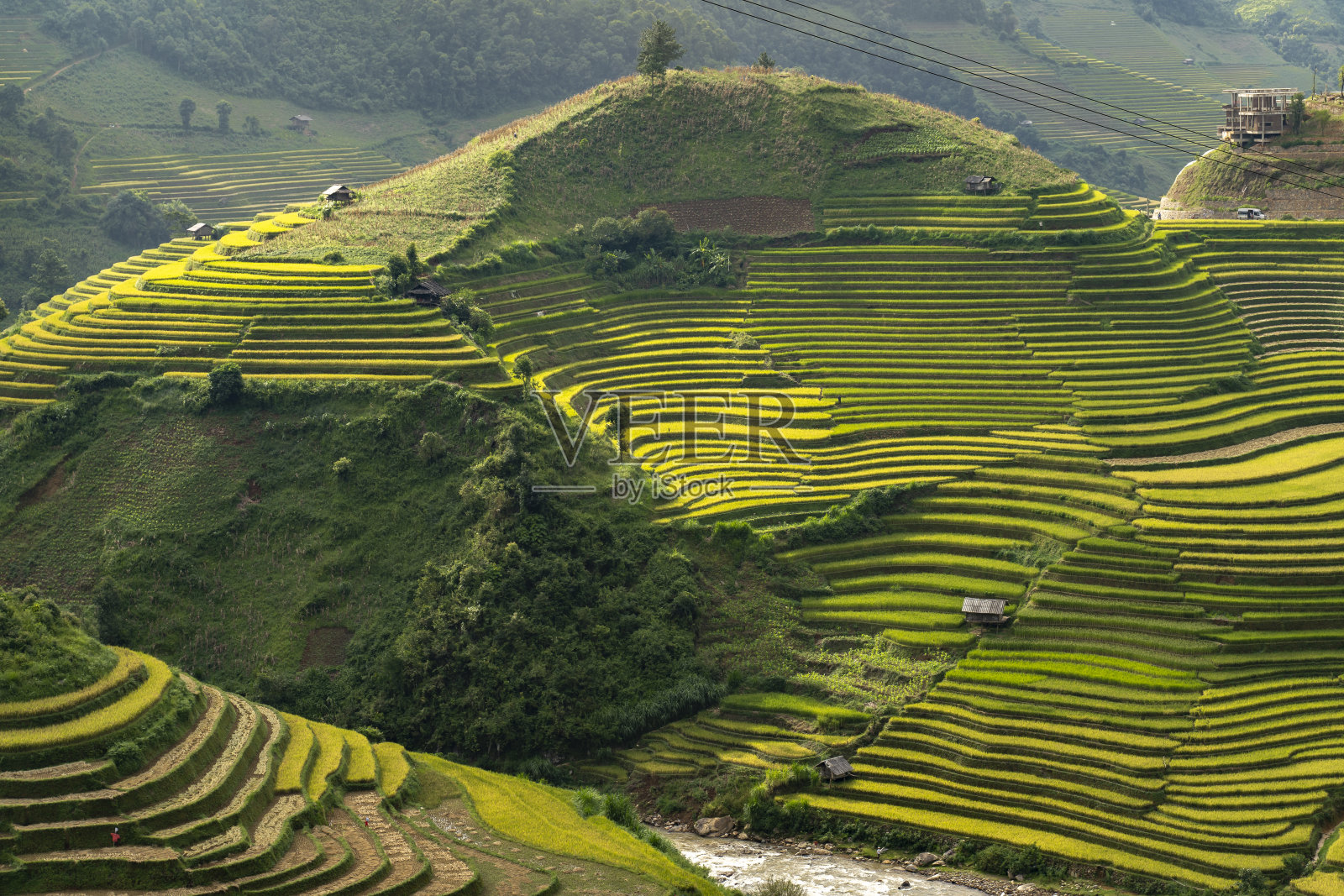 在越南的木仓柴，严白，山丘陵山谷的农村地区的水稻梯田。照片摄影图片