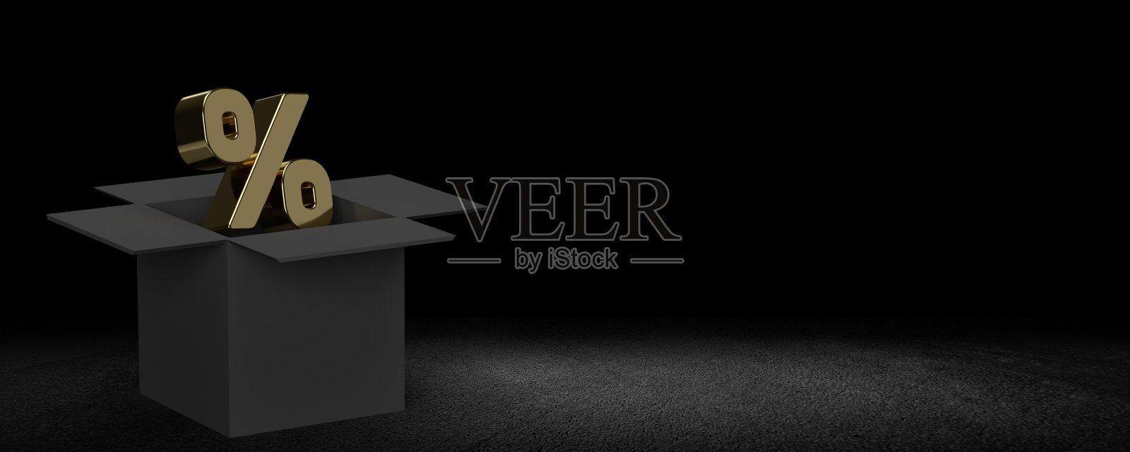 带有大量复制空间的黑色礼品盒中的金色百分比符号照片摄影图片