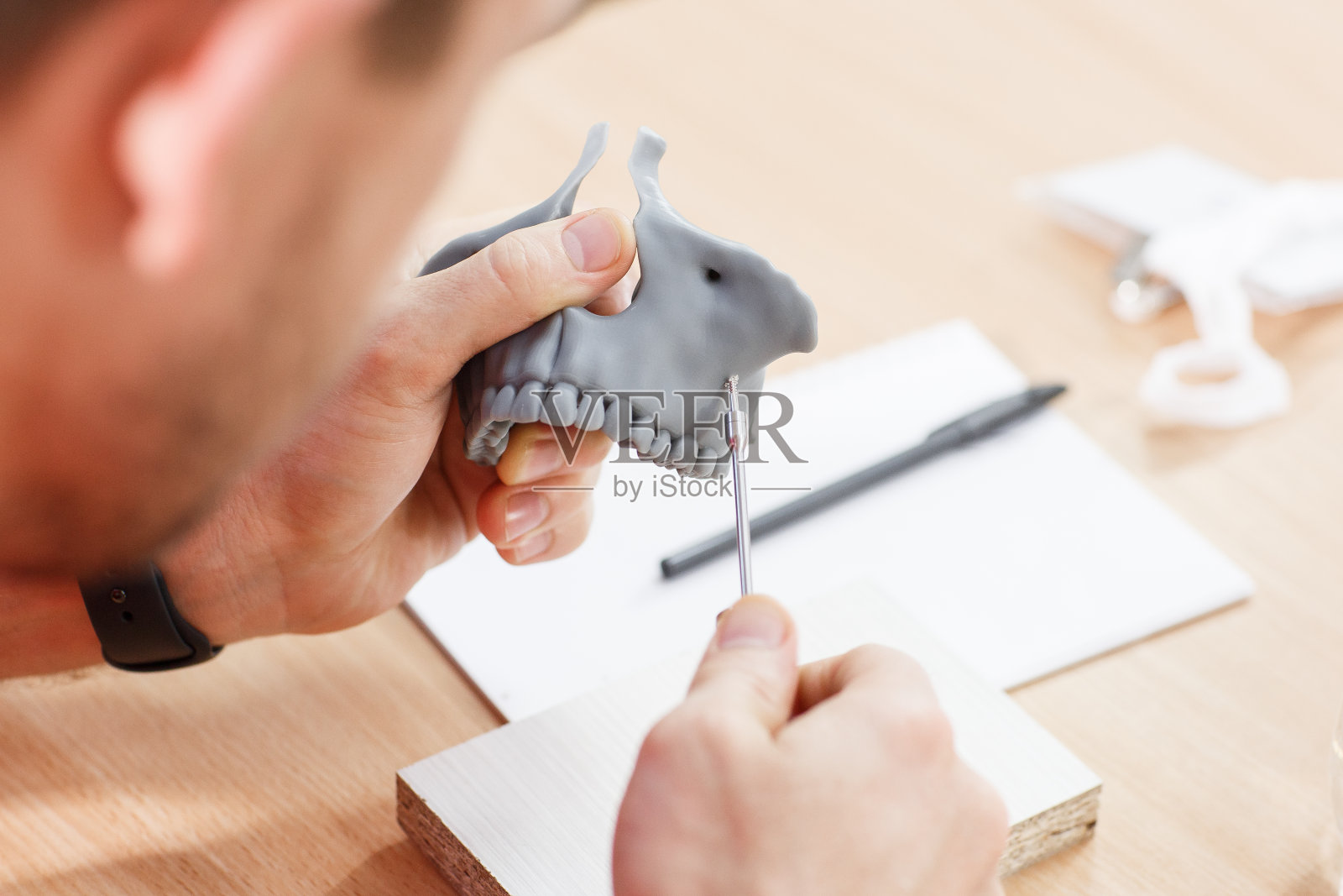 牙科医生在牙科模型上使用微型螺丝模型进行实习。矫正牙医。假牙照片摄影图片