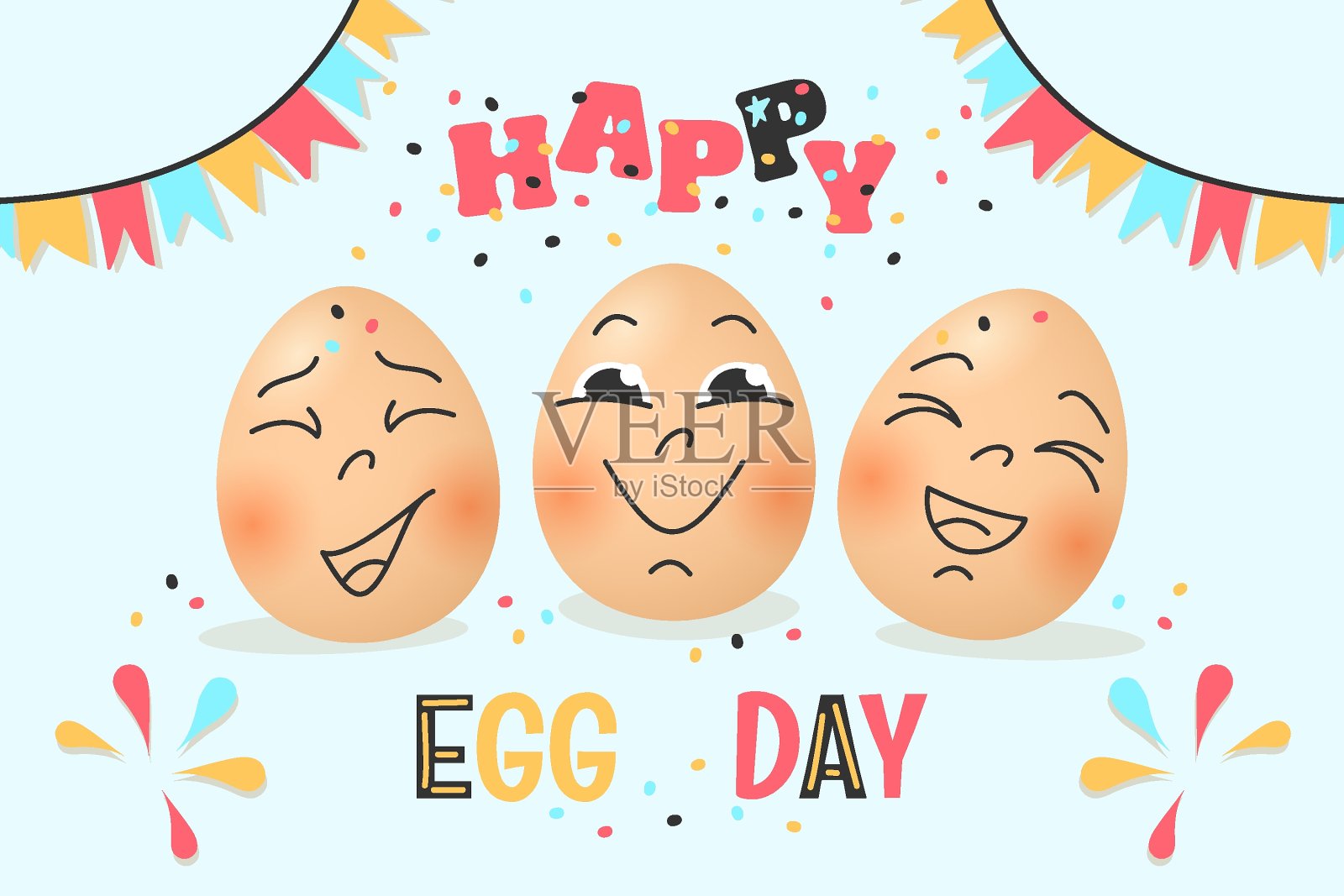 鸡蛋一天快乐。可爱的笑脸蛋在节日。平的卡通阶梯。节日的概念。向量插图的卡片，海报，旗帜，庆祝。设计模板素材