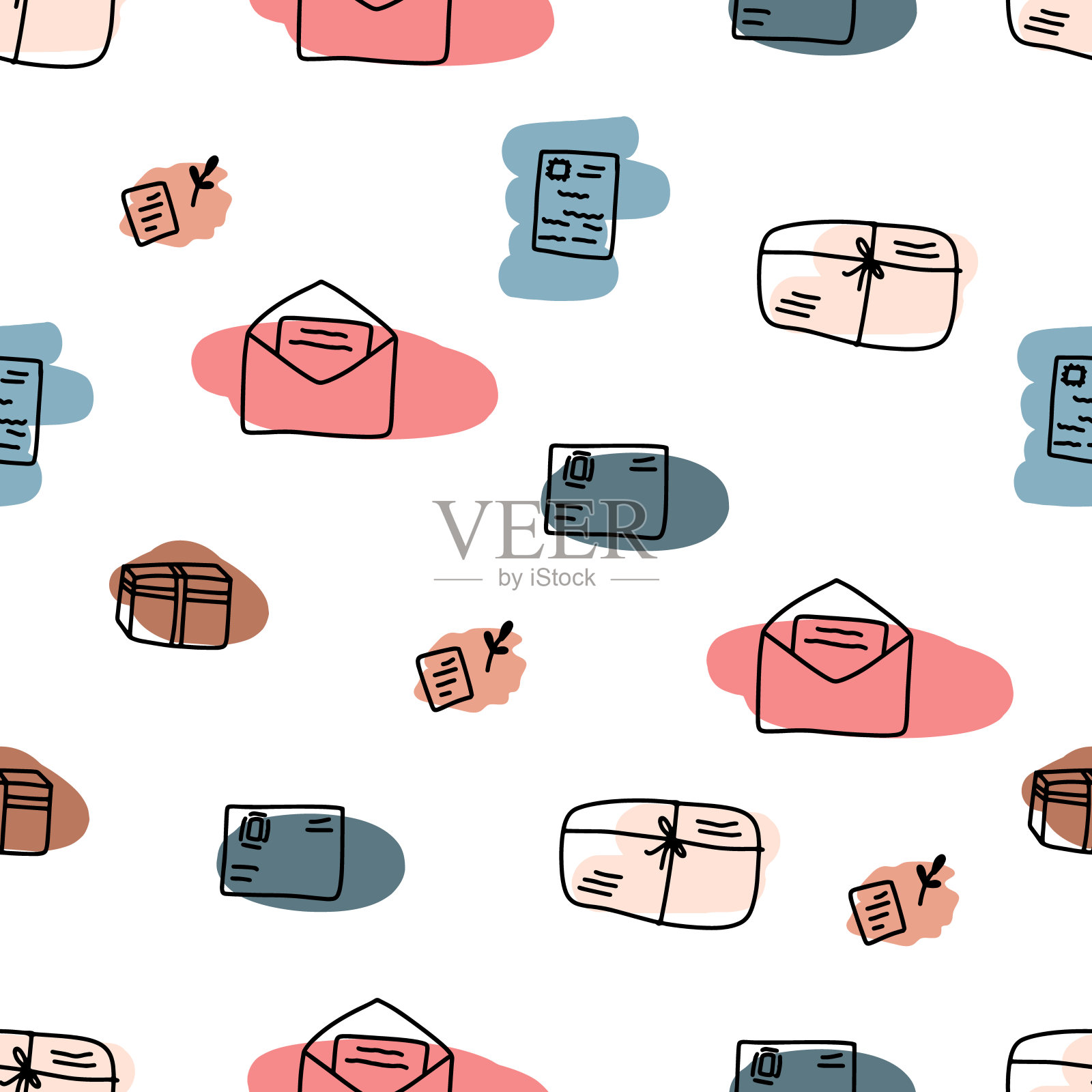 无缝模式包裹和信件。世界邮政日。包裹投递，收集信封和盒子。简单的彩色斑点涂鸦风格。矢量图插画图片素材