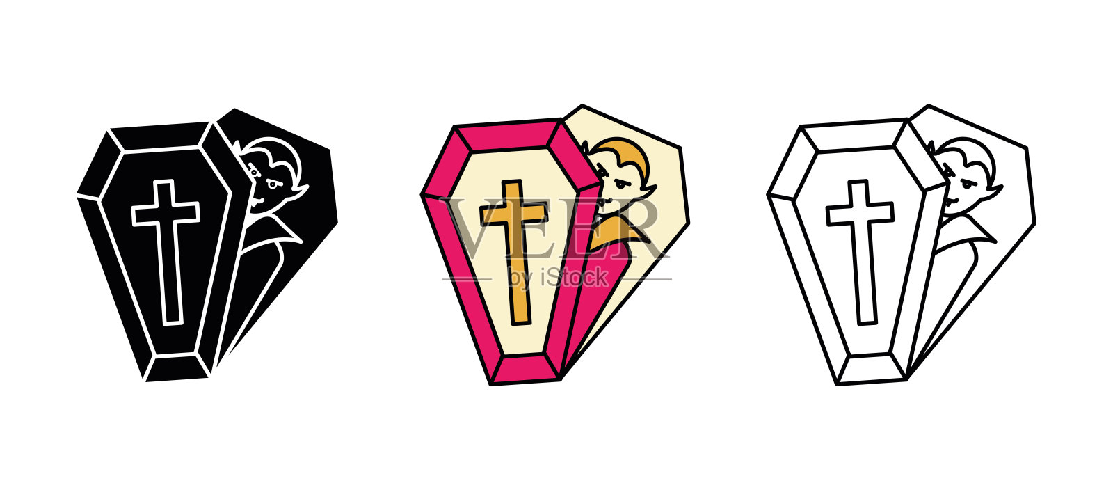 棺材里的吸血鬼图标。棺材和吸血鬼图标。插画图片素材