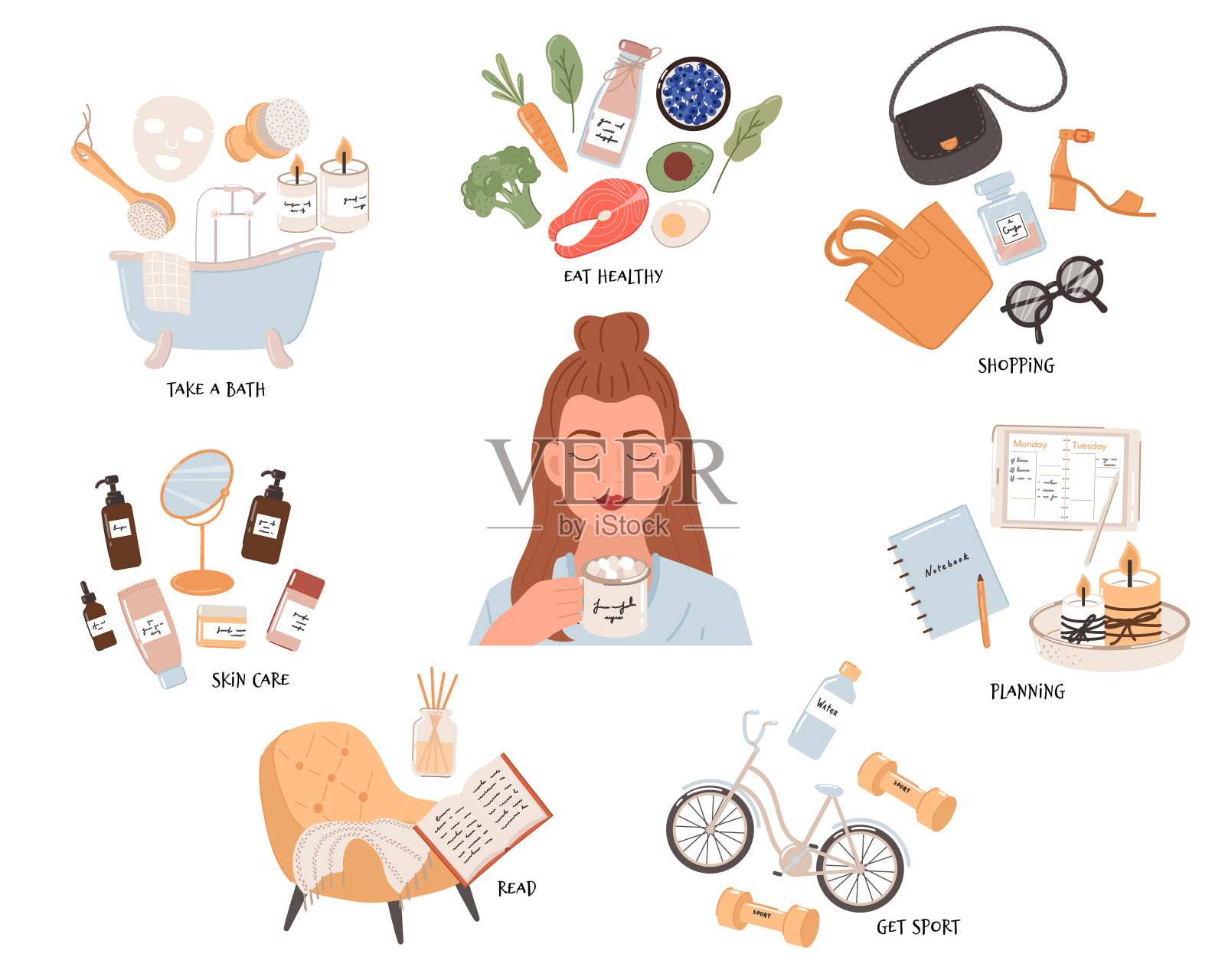 每天做自我照顾的想法。包括放松、锻炼、饮食、健康、快乐、动力、蜡烛、护肤和购物。矢量插图。插画图片素材