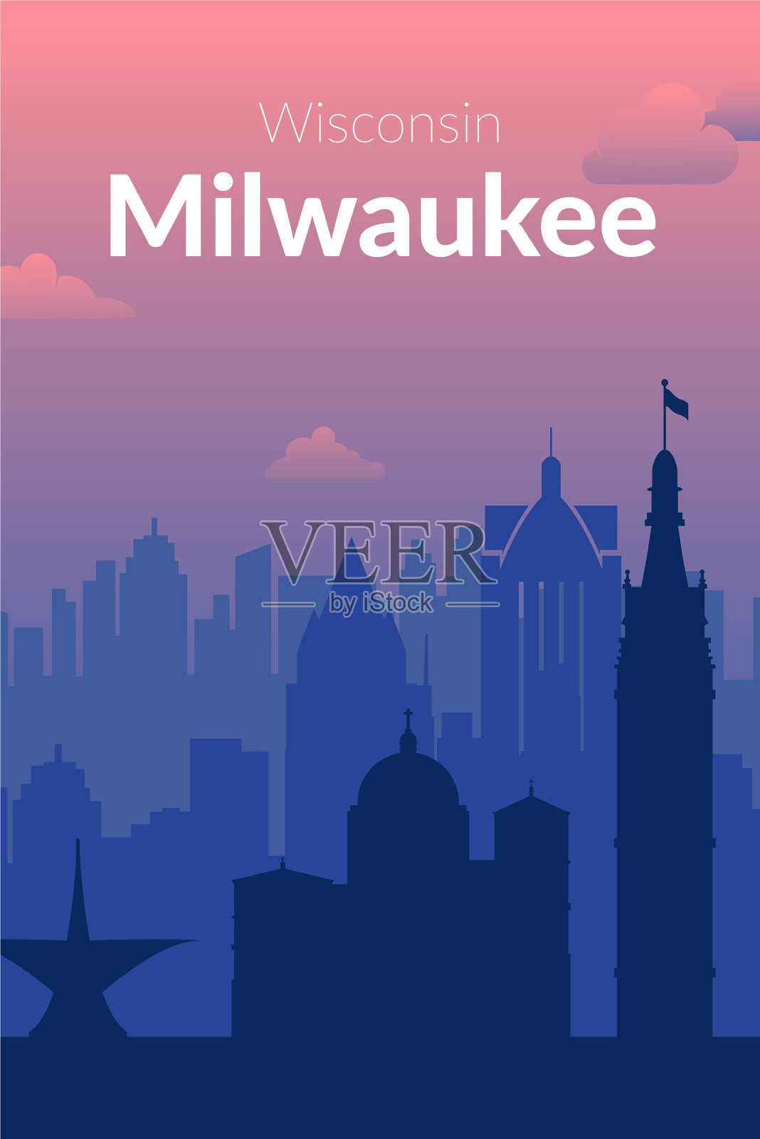 美国密尔沃基著名的城市景观背景插画图片素材