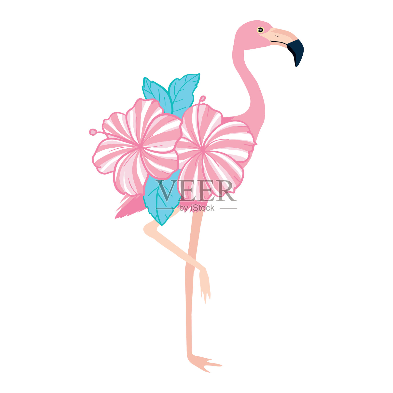 可爱的火烈鸟和带叶子的花的孩子设计元素图片