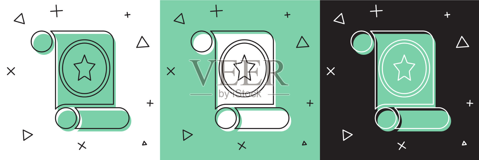 设置魔法卷轴图标隔离在白色和绿色图标素材