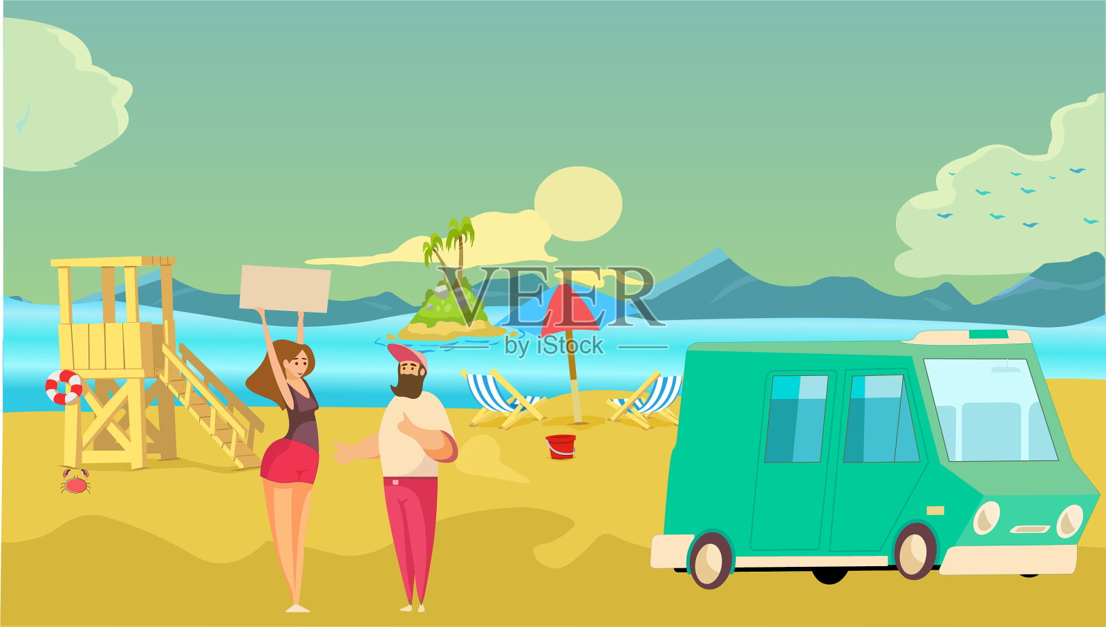野餐派对在海滩露营者在海洋的土地插画图片素材