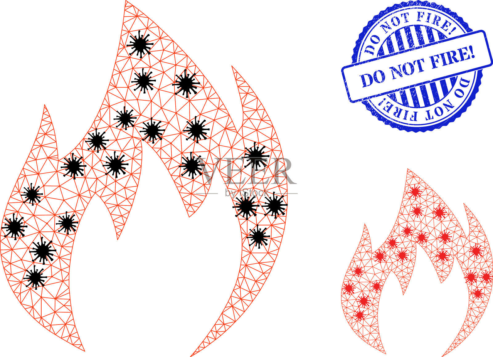 多边形网格火焰图标与病毒项目插画图片素材