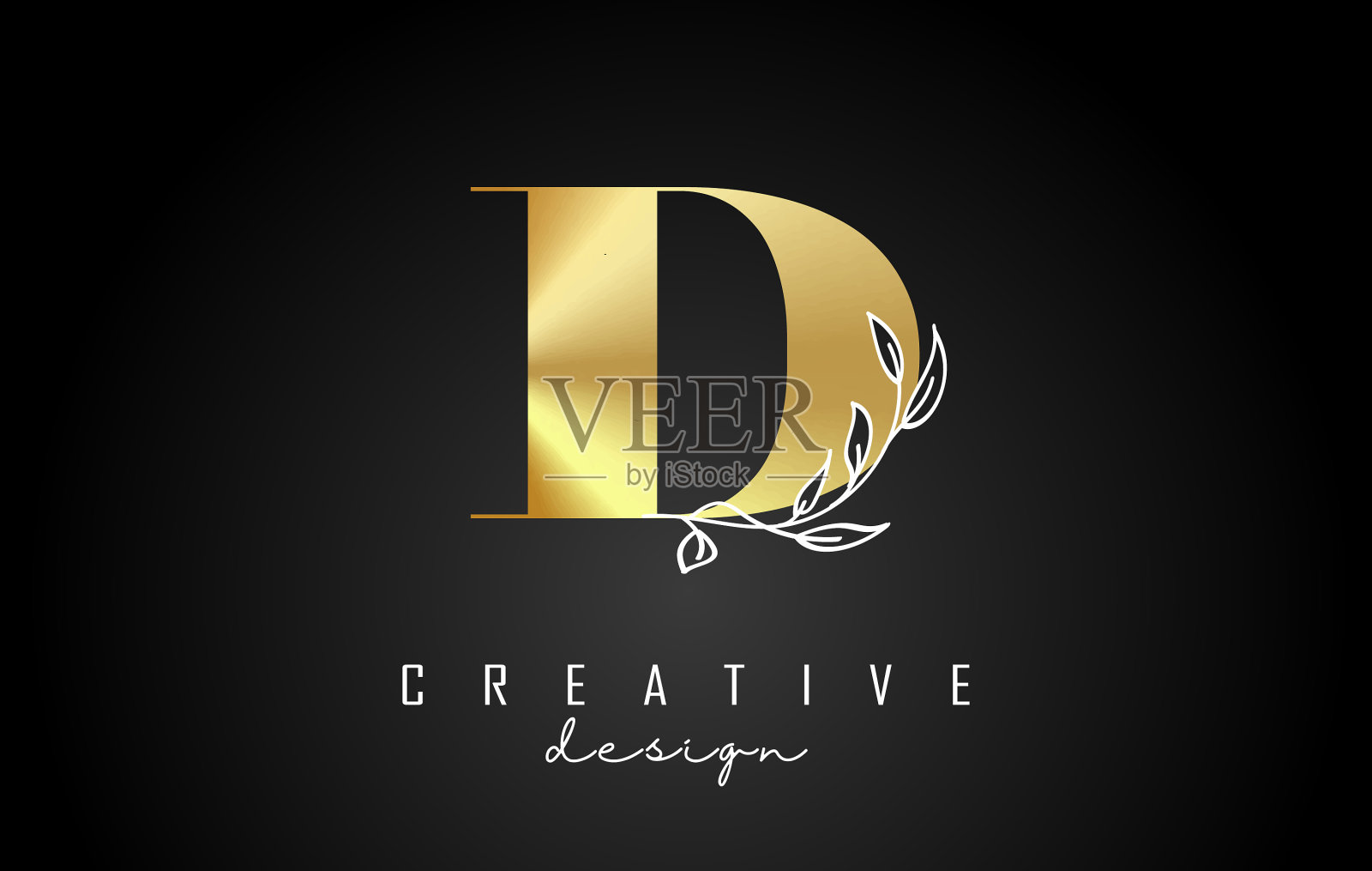 金色的d字母标志设计与白色的叶子插画图片素材