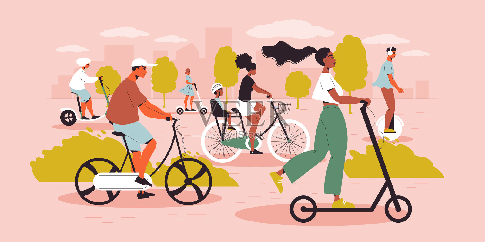 个人的环保交通工具插画图片素材