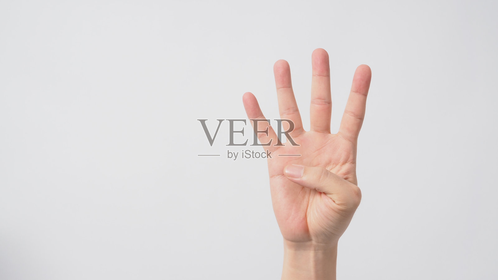 四个手指向上的手势表示四。它以白色为背景照片摄影图片