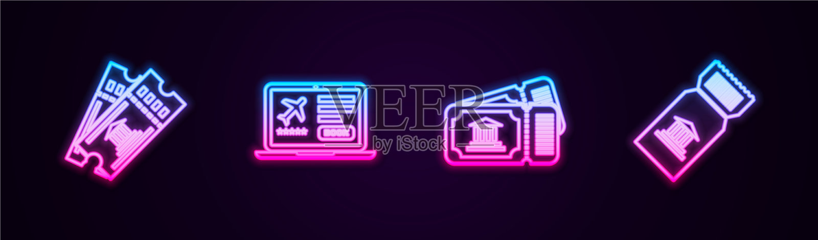 设置线博物馆门票笔记本电脑和发光插画图片素材