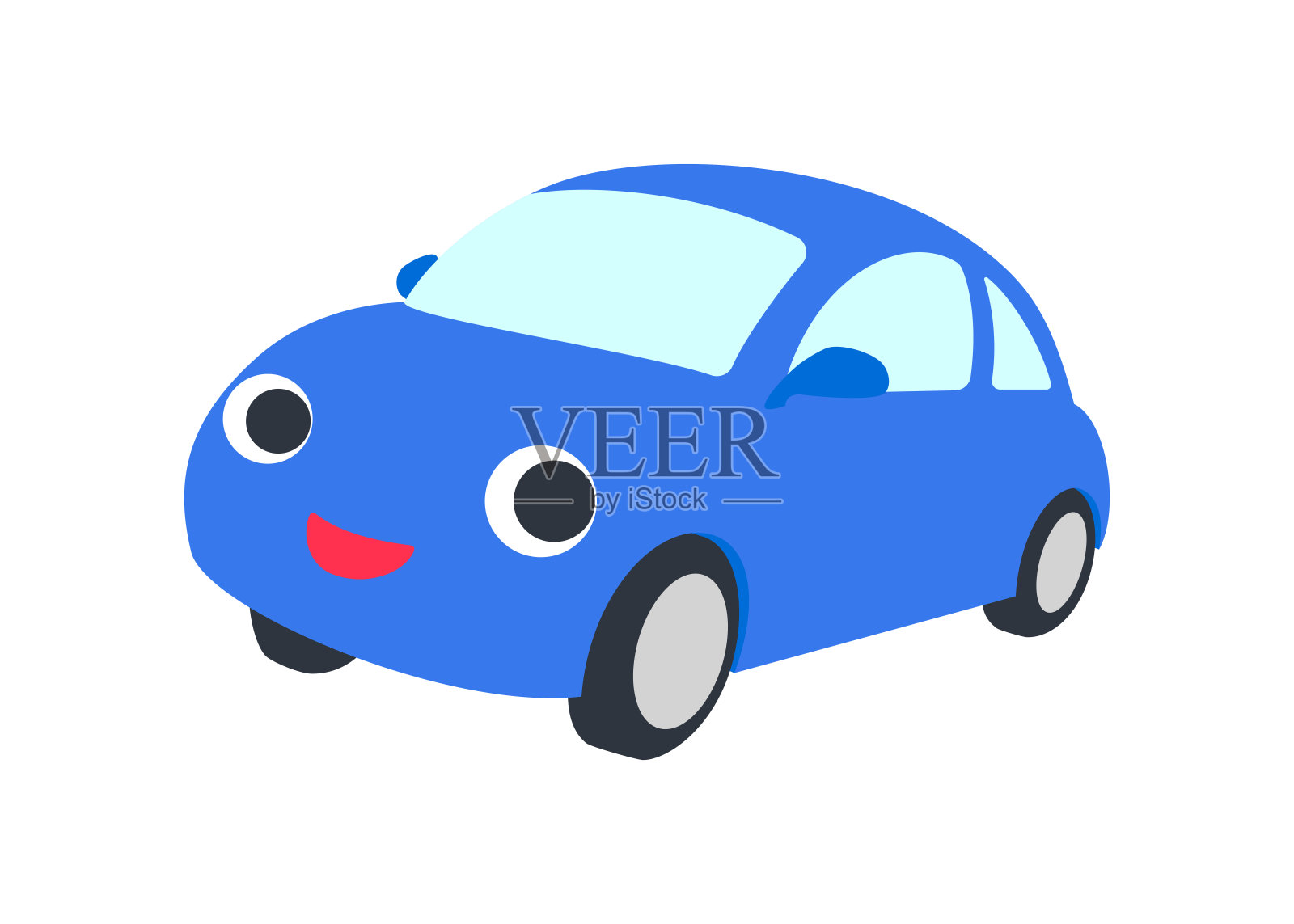 从一个角度看到的微笑的蓝色汽车的插图。设计元素图片