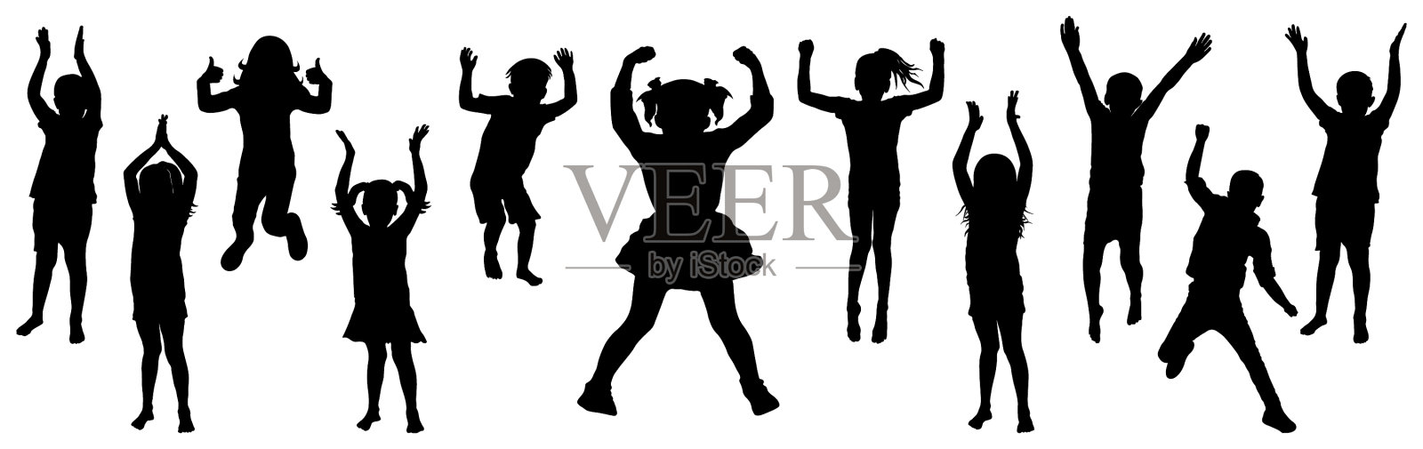 剪影跳跃和站立的孩子们快乐插画图片素材
