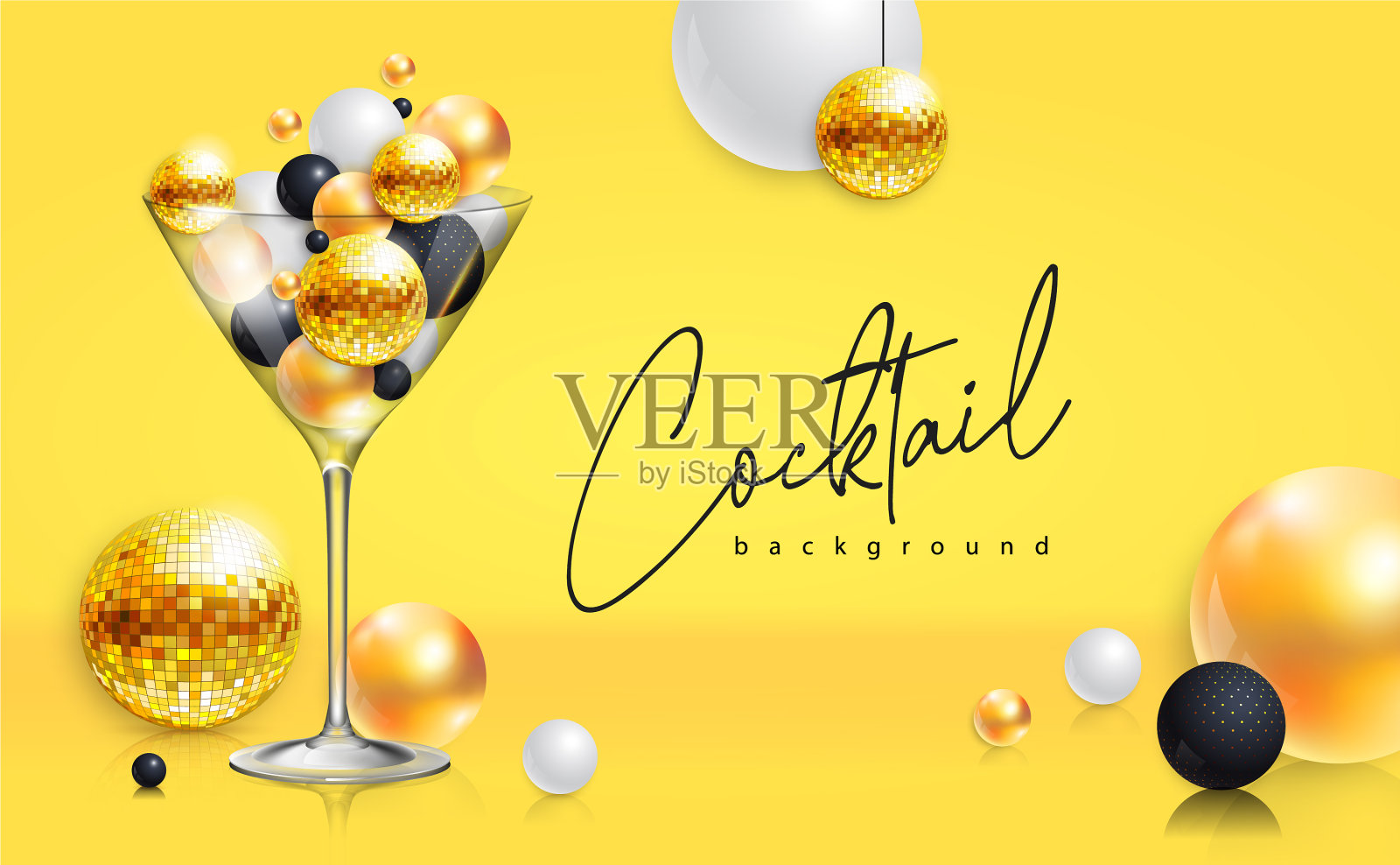带有3d迪斯科球的鸡尾酒迪斯科派对海报插画图片素材