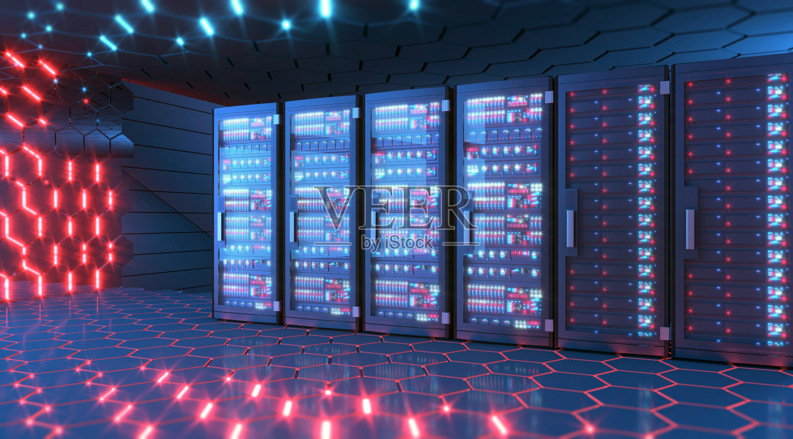 未来主义的计算机服务器室与发光的霓虹灯照片摄影图片