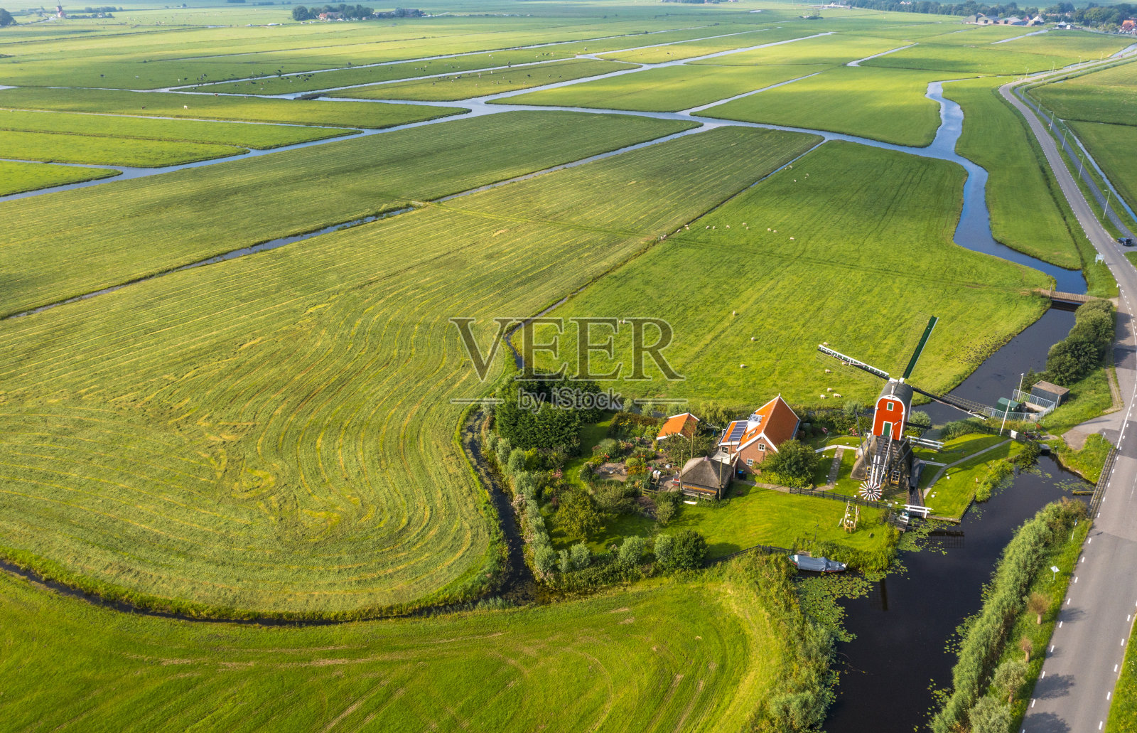 典型的荷兰圩田景观与风车照片摄影图片