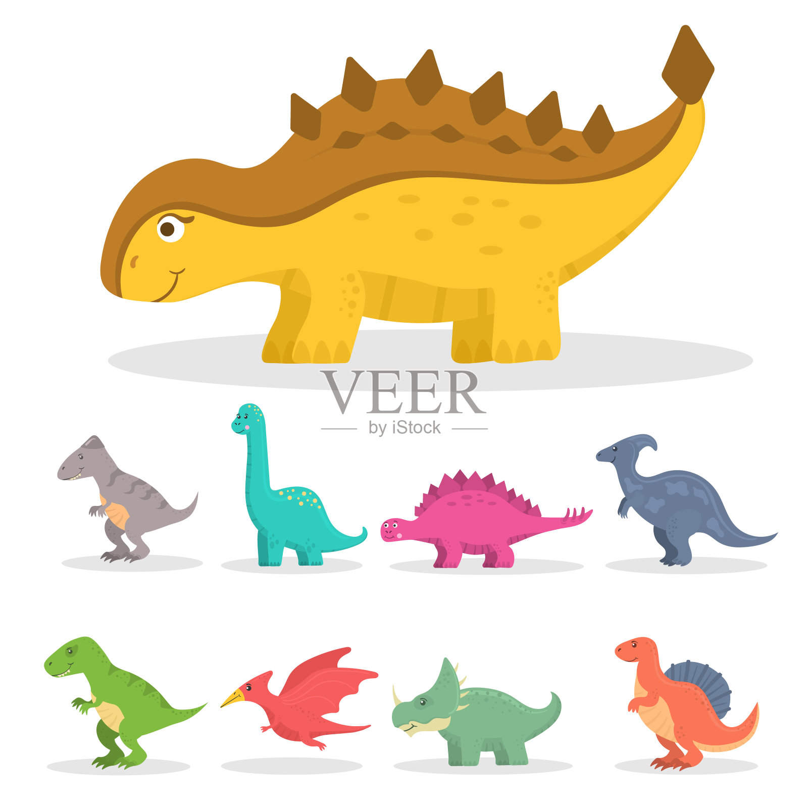 一套可爱的恐龙，雷龙和三角龙插画图片素材