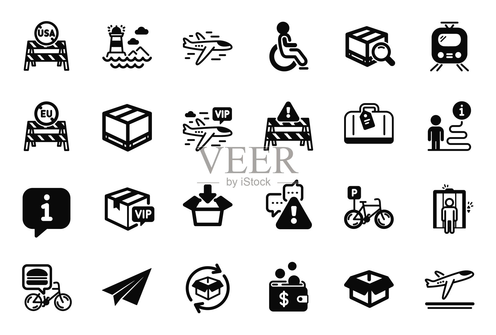 向量集合的运输图标有关的得到箱子，返回包裹和灯塔。向量图标素材