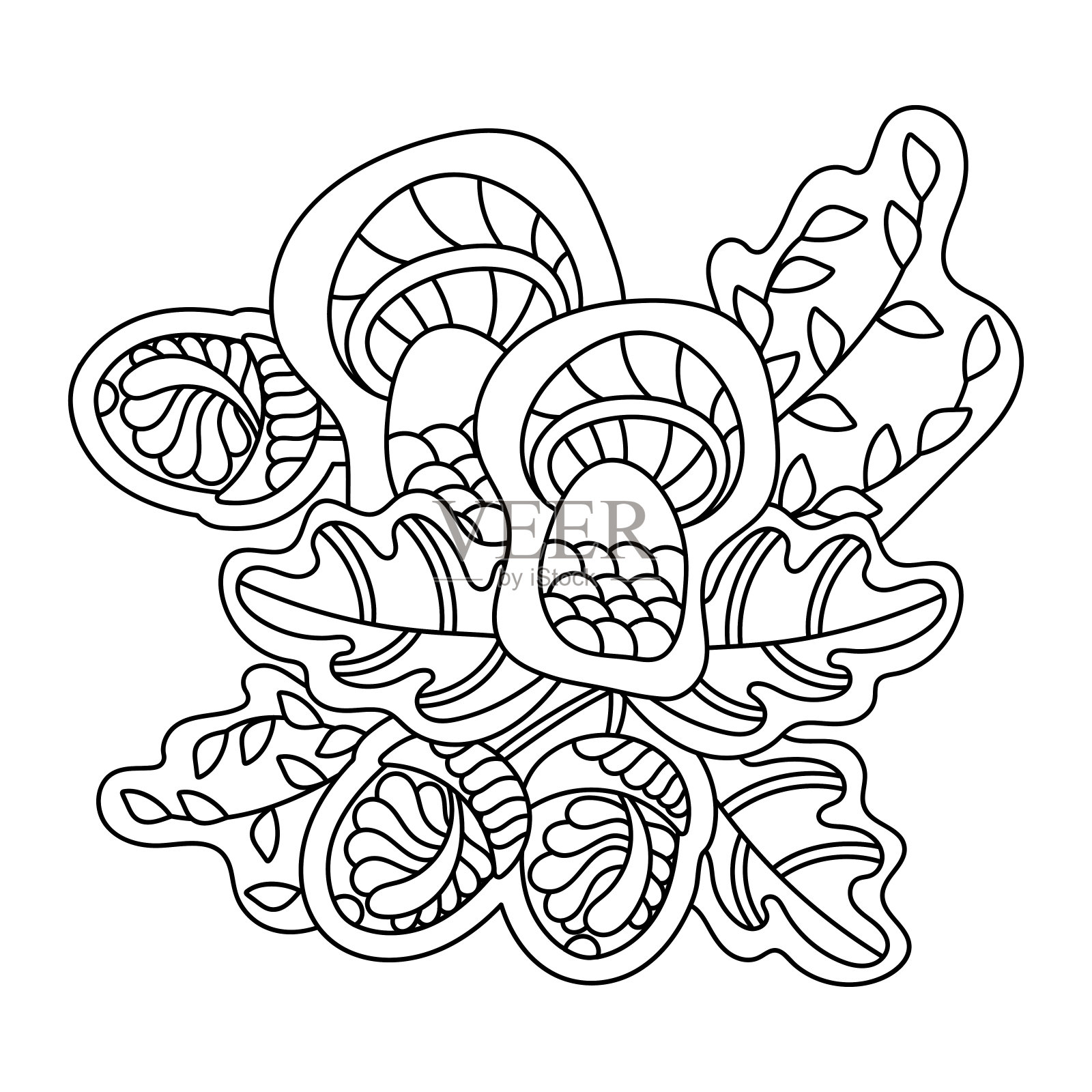 涂鸦涂色书页。森林蘑菇、橡子和橡树叶。为成人和儿童抗压力。插画图片素材