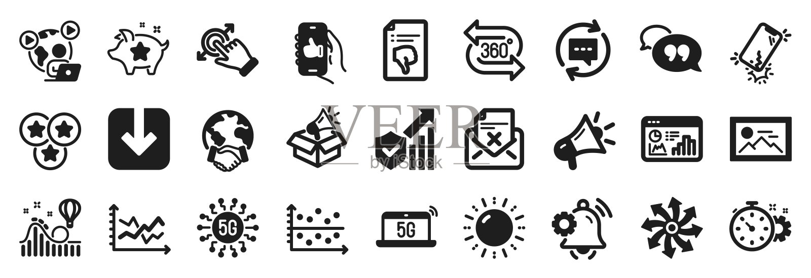 一组技术图标，如触摸屏手势，喜欢的应用程序，忠诚点。向量图标素材