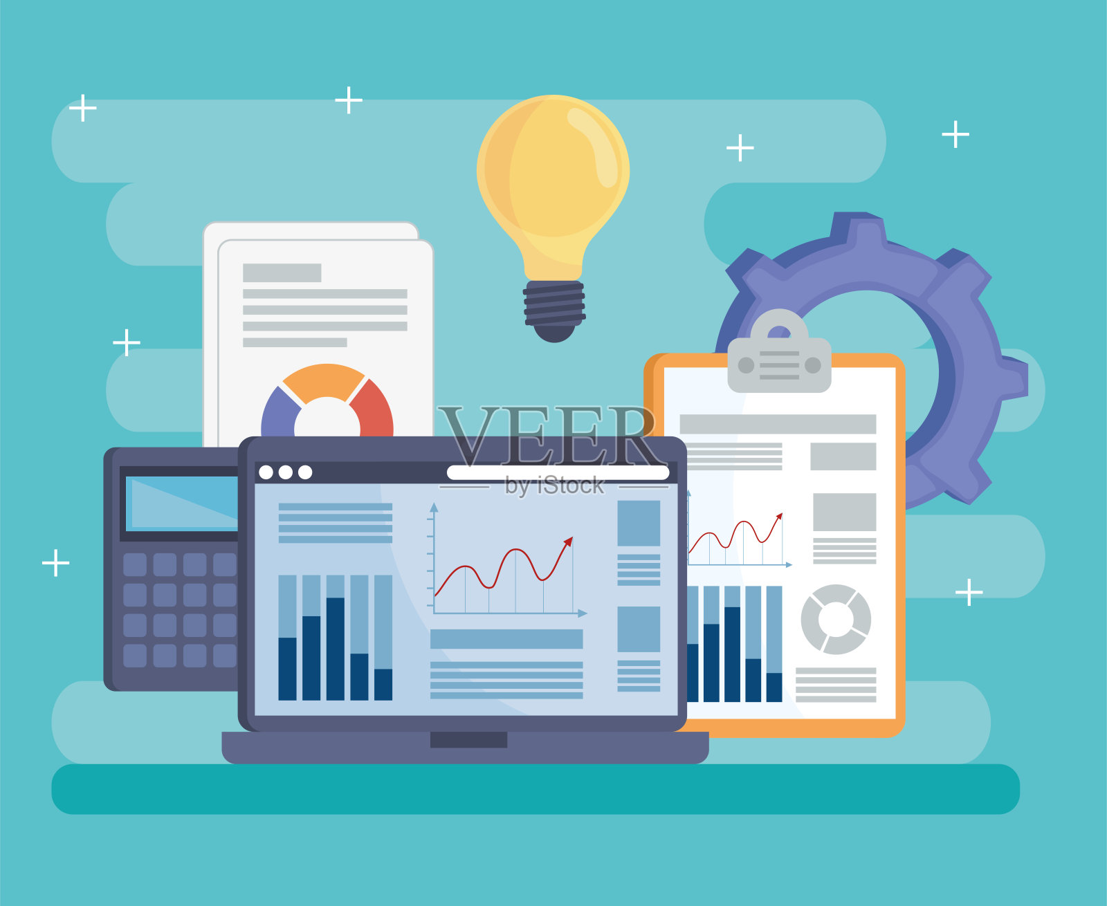 带有分析图标的笔记本电脑插画图片素材