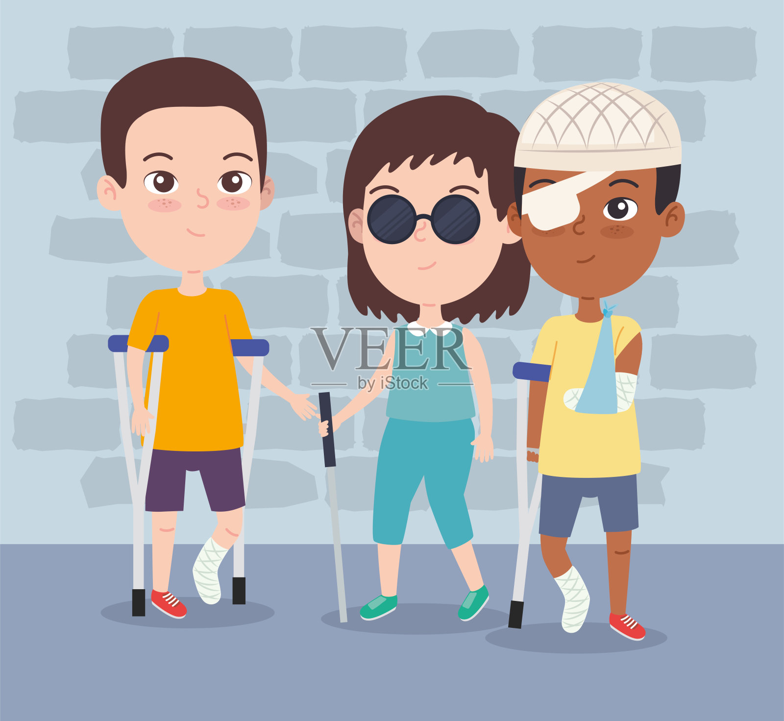 盲人女孩和残疾男孩插画图片素材