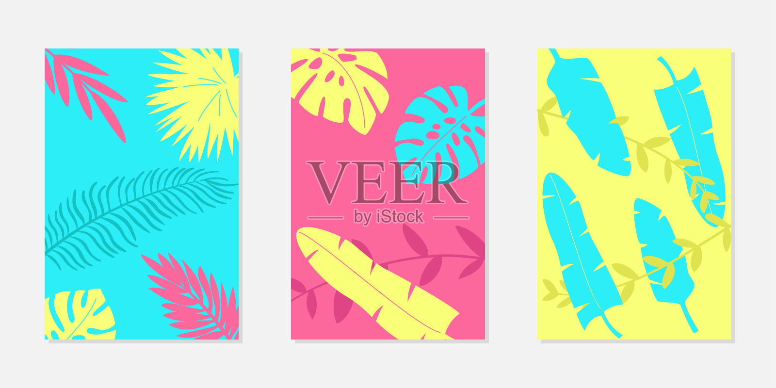 一套抽象的热带花卉卡片。插画图片素材