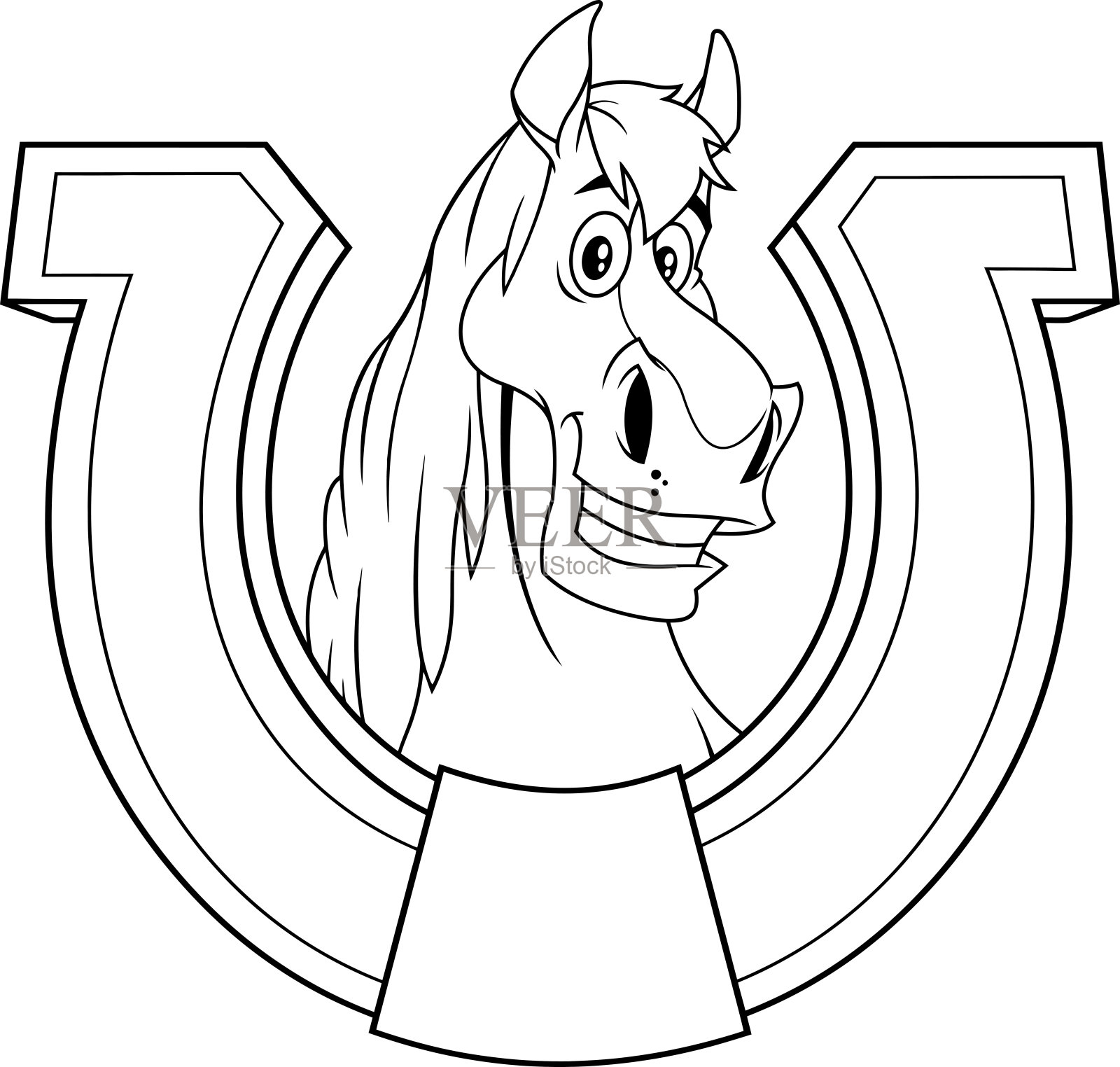 概述微笑的马头卡通吉祥物人物在马蹄铁插画图片素材