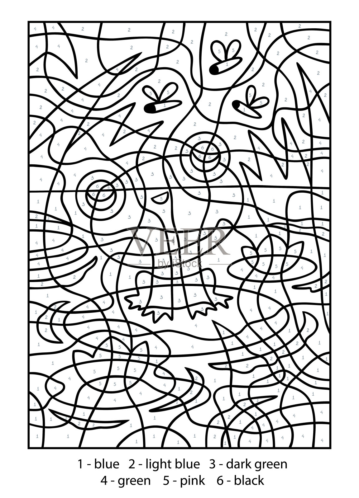 按数字颜色，儿童教育游戏，青蛙和蚊子插画图片素材