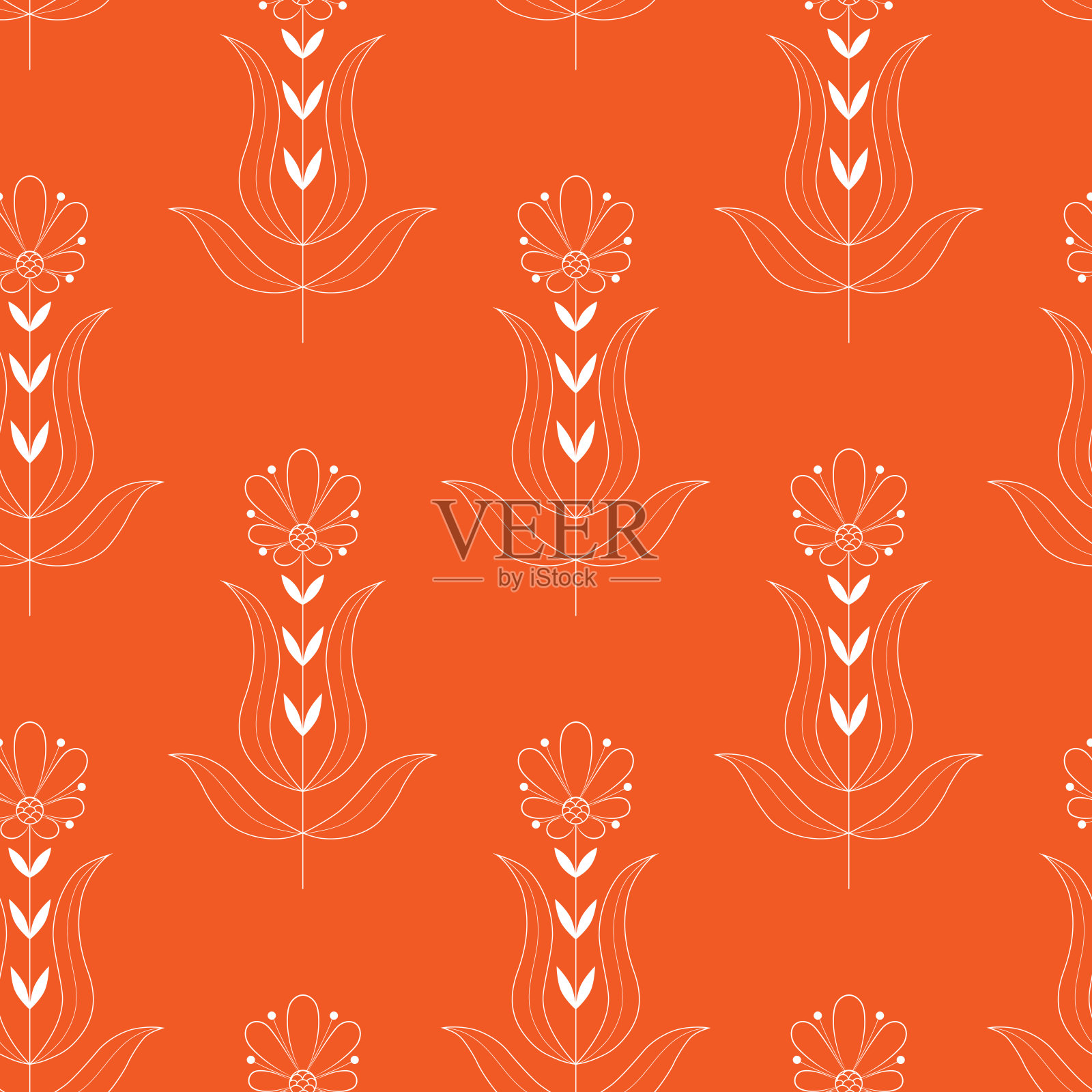 Сhamomile, aster。在橙色背景上分离的植物的载体植物学无缝模式。娇嫩盛开的田野草本植物。插画图片素材