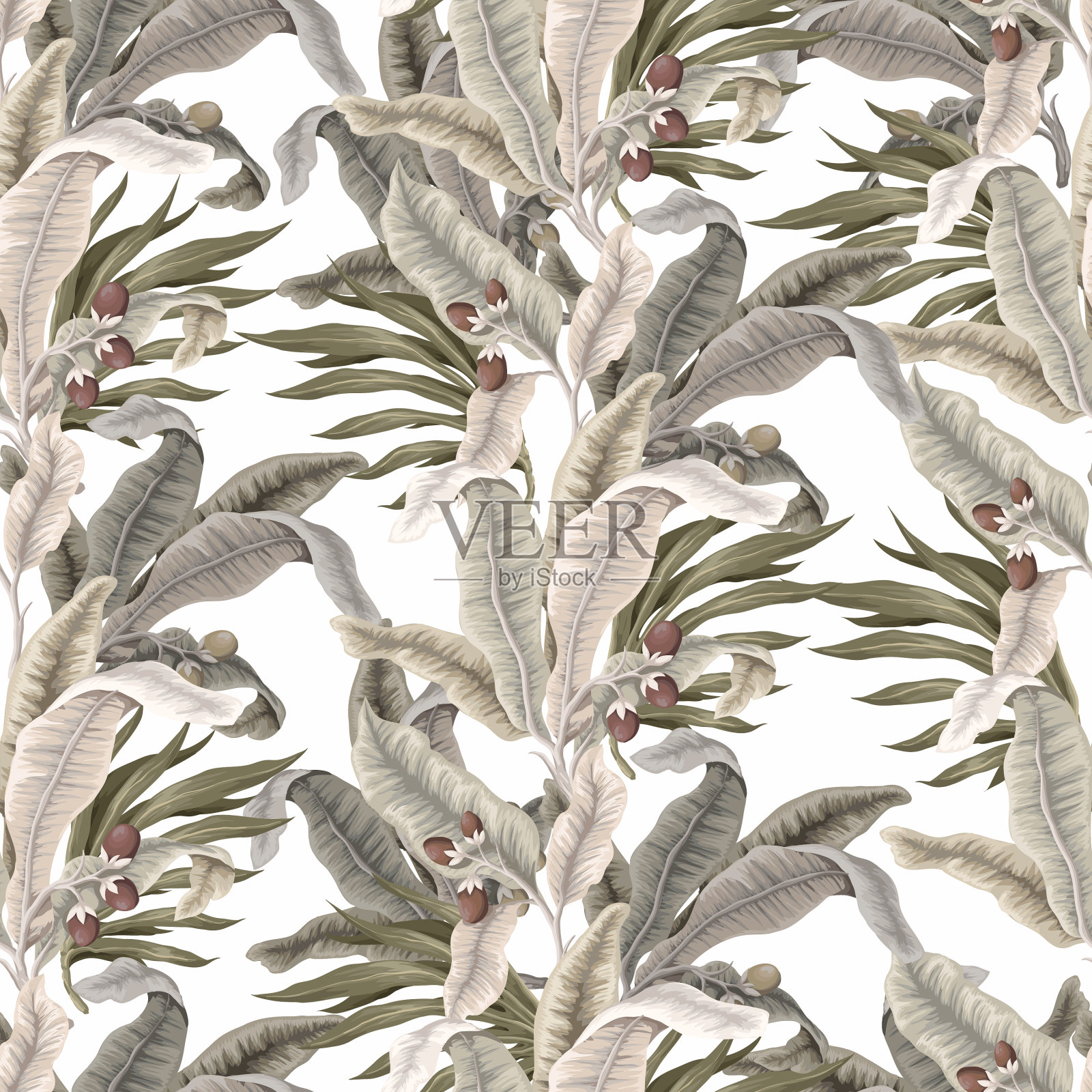 无缝图案与轻热带树叶和插画图片素材
