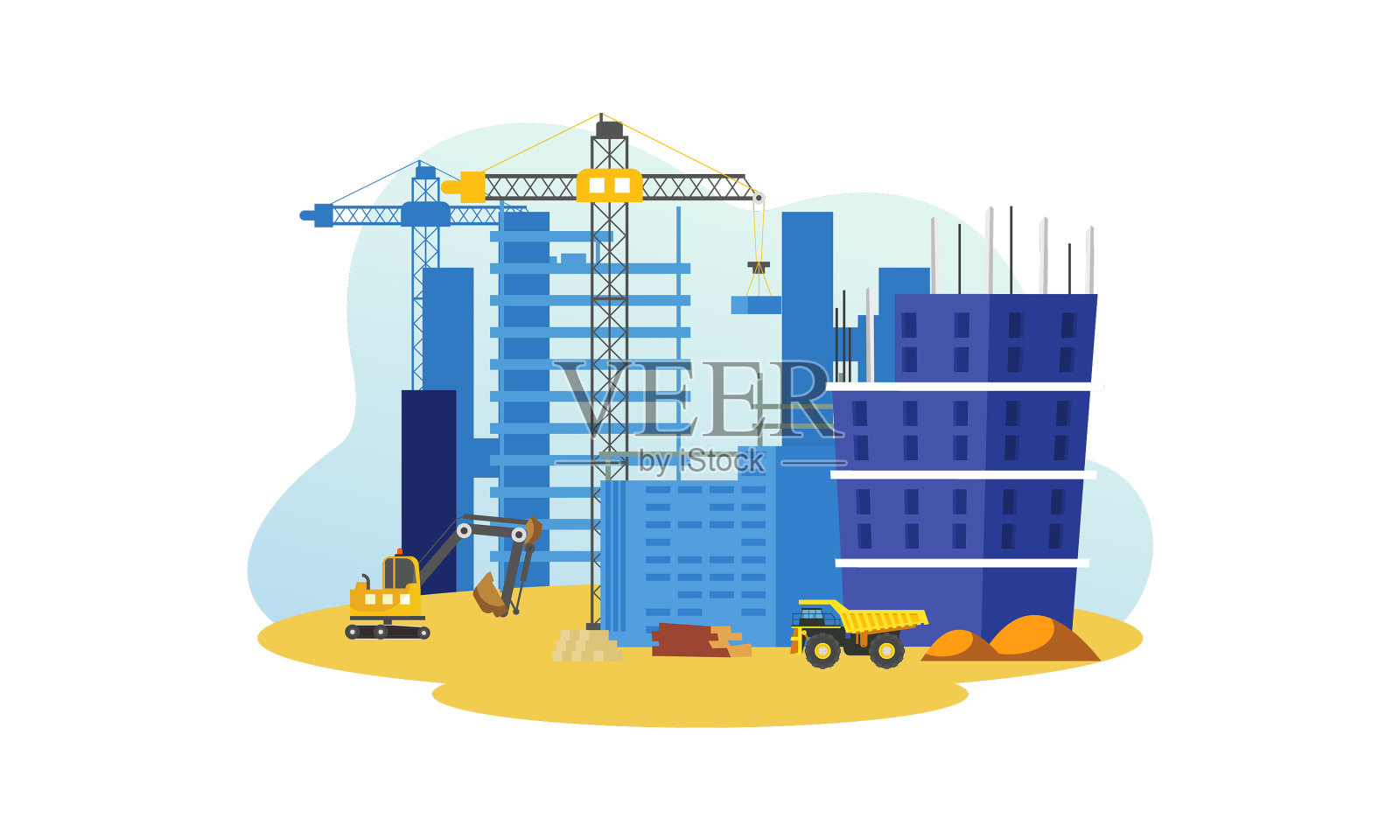 建筑吊车、挖掘机施工插画图片素材