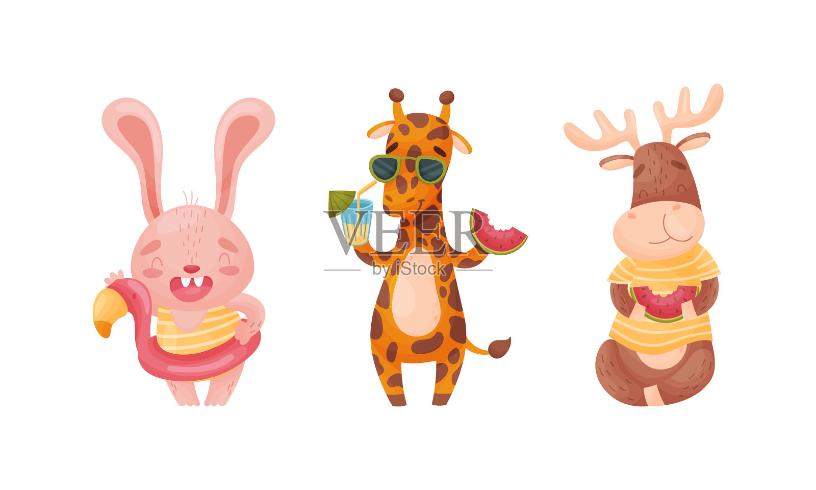 卡通动物喝着鸡尾酒吃着东西插画图片素材