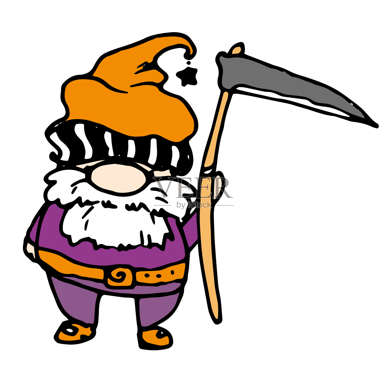向量侏儒与镰刀万圣节。一个手绘涂鸦风格的小矮人，穿着紫色的衣服，戴着橙色的帽子，留着白色的短胡子，在白色背景下拿着一把镰刀，这是死亡假日设计模板设计元素图片
