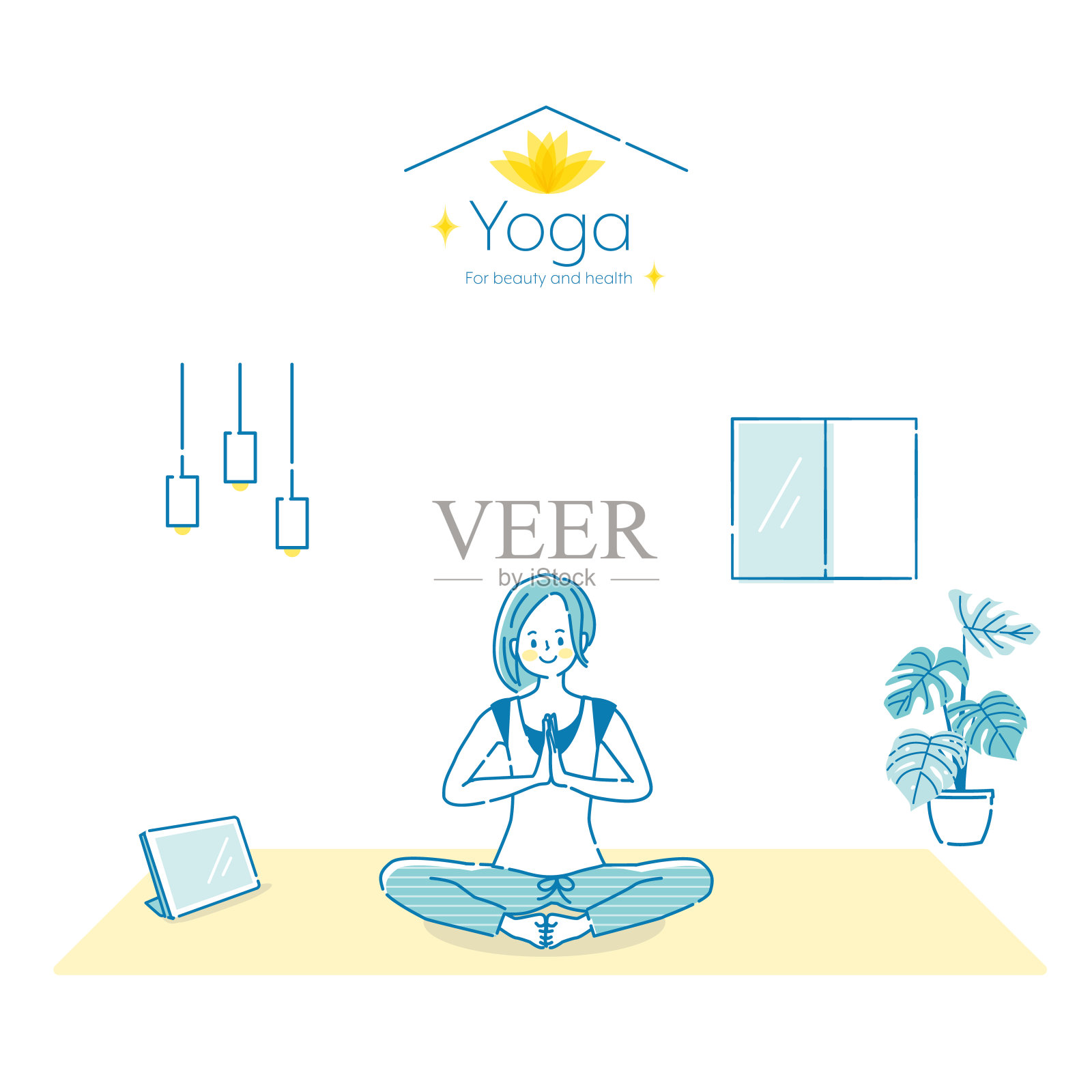 一名年轻女子一边做瑜伽一边看着平板电脑插画图片素材