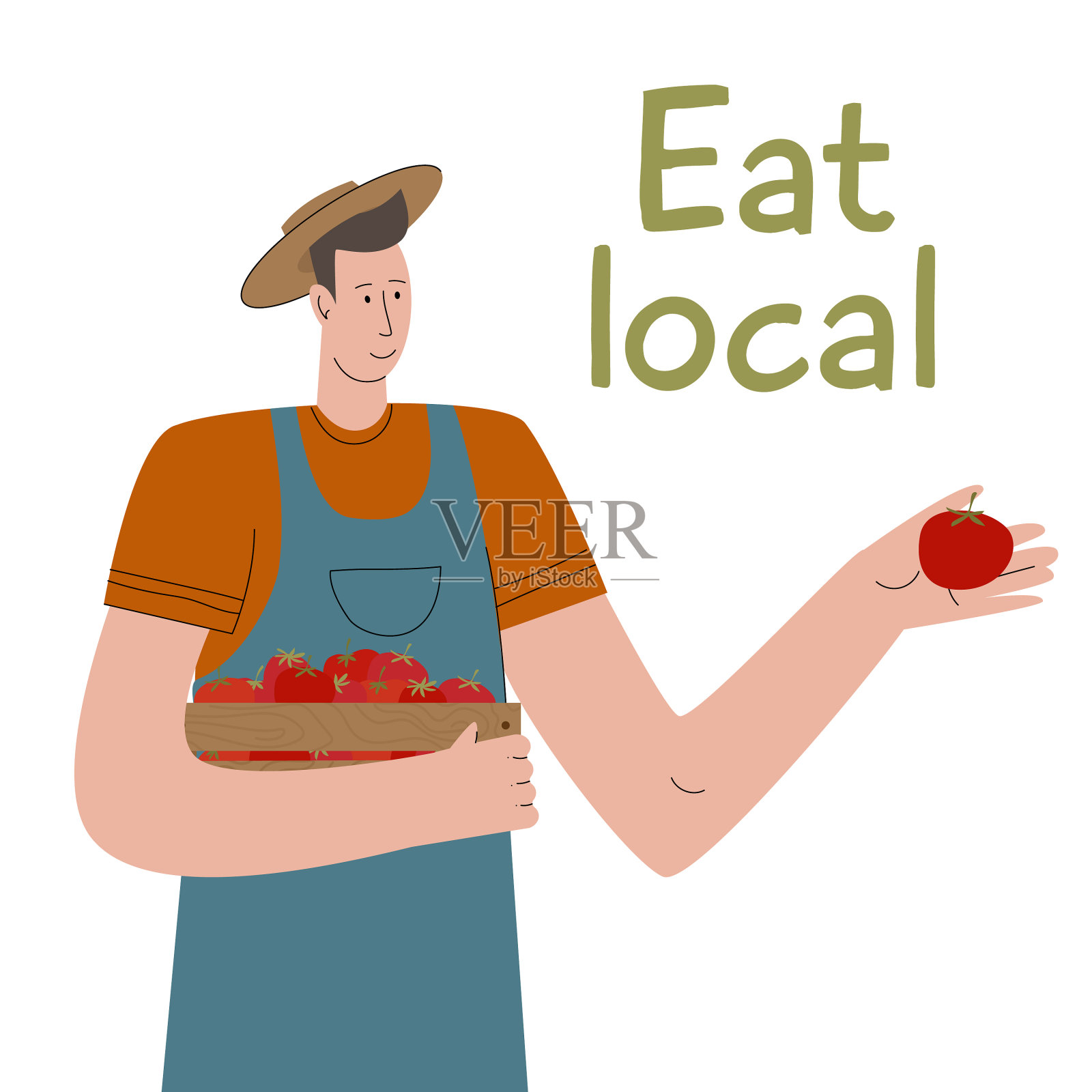 年轻的农夫用一盒新鲜的蔬菜吃插画图片素材
