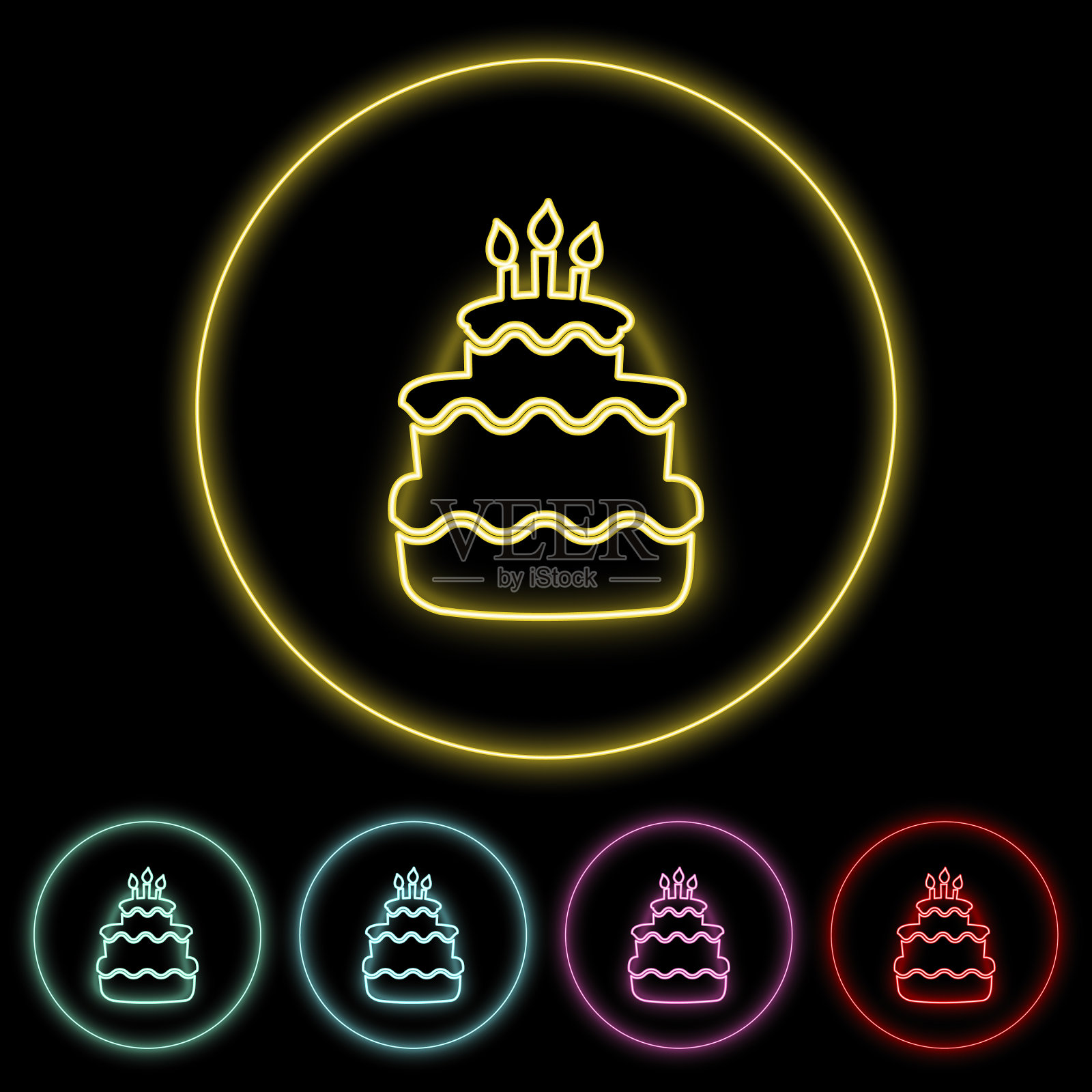 生日蛋糕平面图标霓虹灯风格插画图片素材