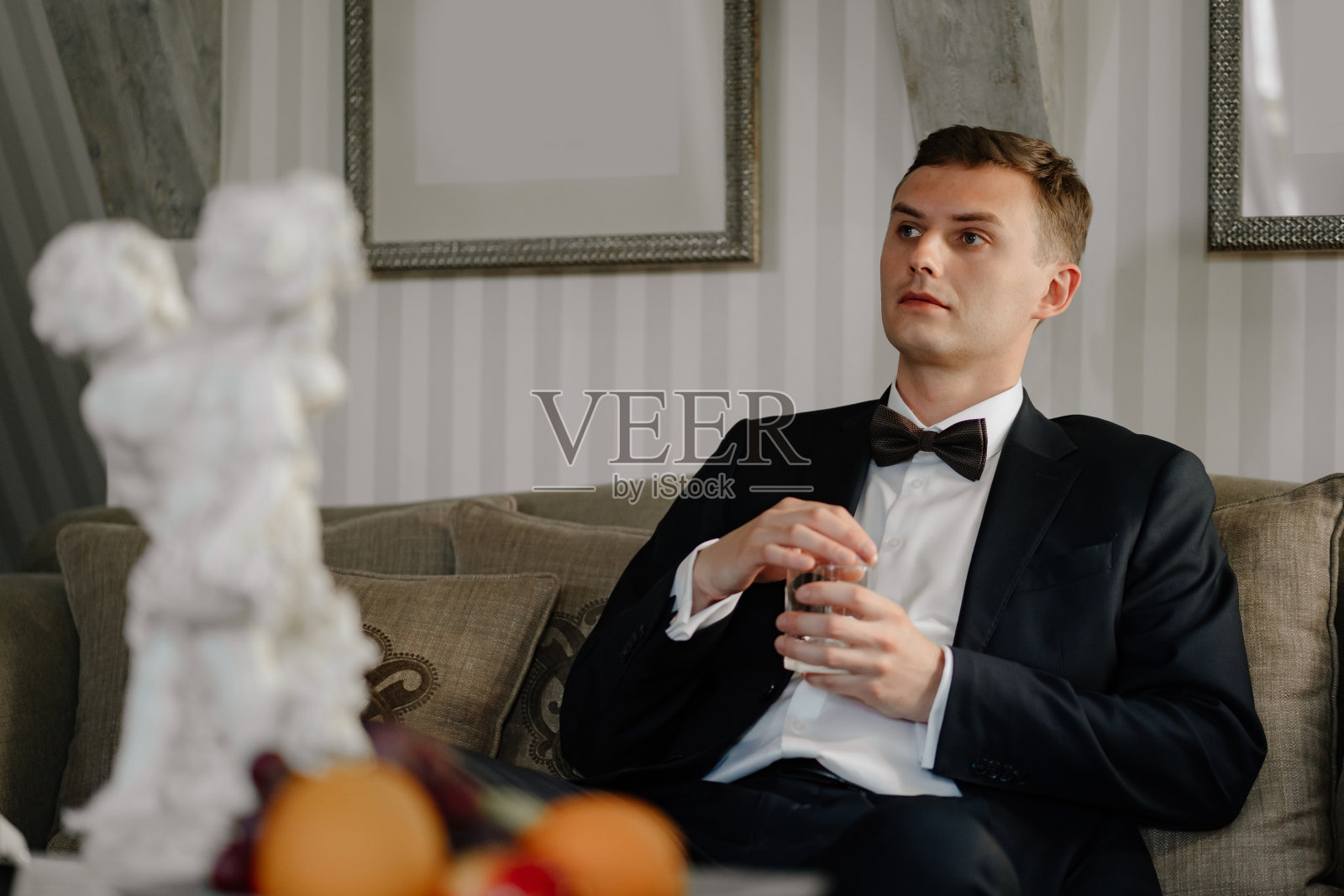 一个男人的肖像，穿着西装，打着领结。照片摄影图片