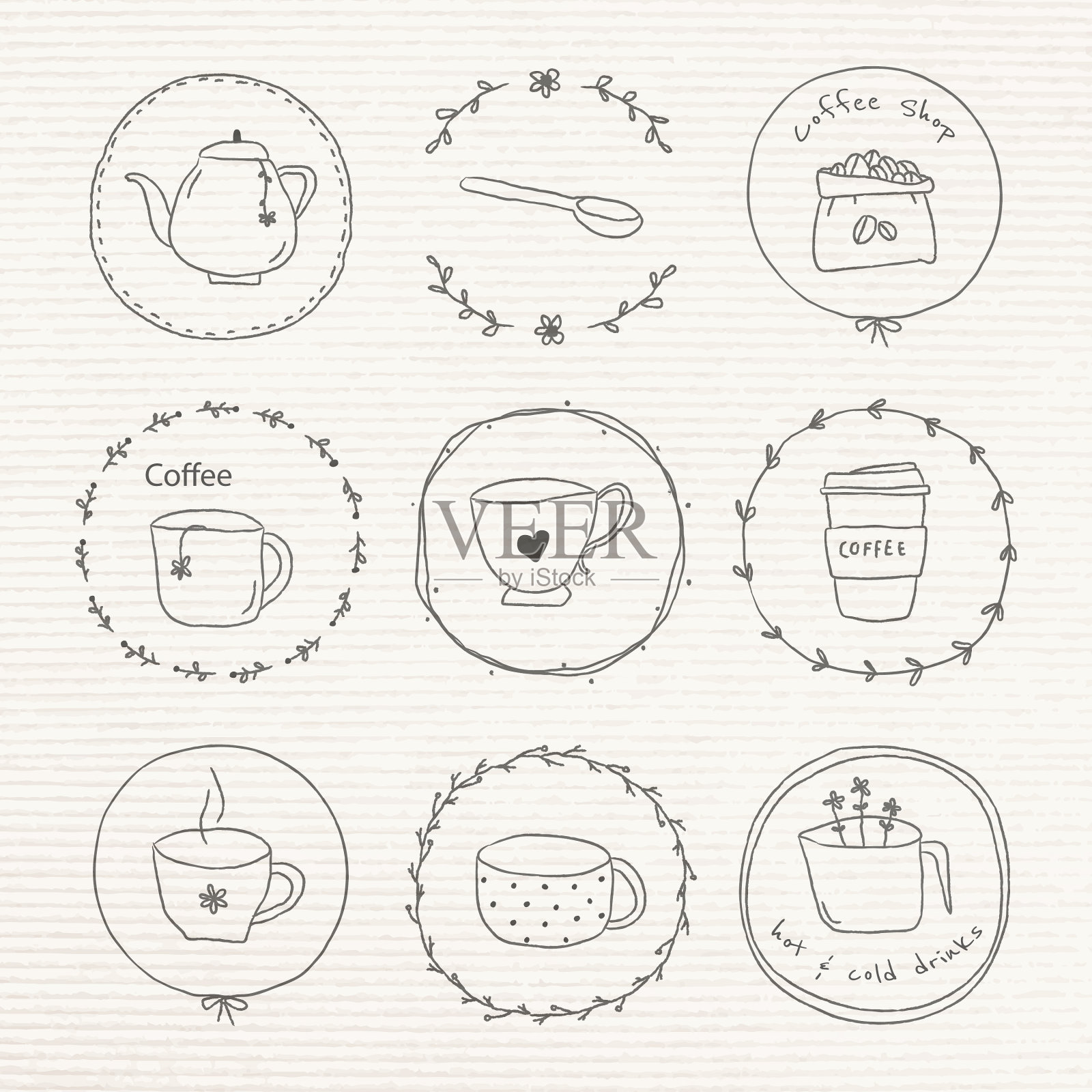 可爱的咖啡涂鸦日志贴纸集插画图片素材