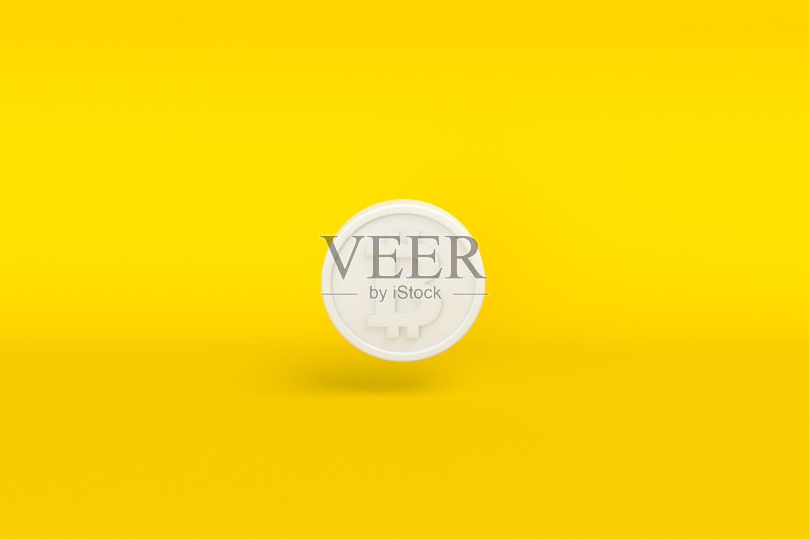 黄色背景上的白色比特币加密货币。插画图片素材