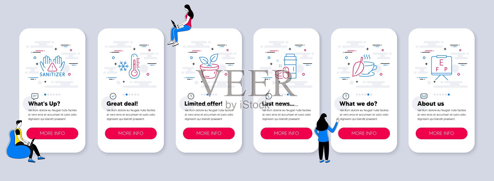 一套保健图标，如薄荷茶，低温度计，清洁双手。向量设计模板素材