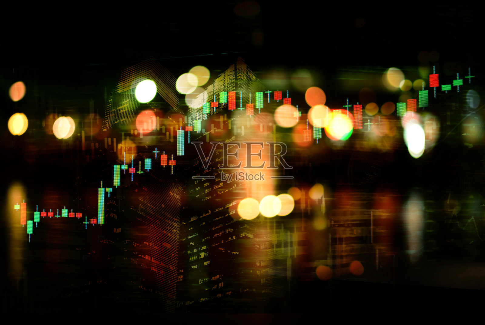 城市之光与股票行情图的抽象背景照片摄影图片